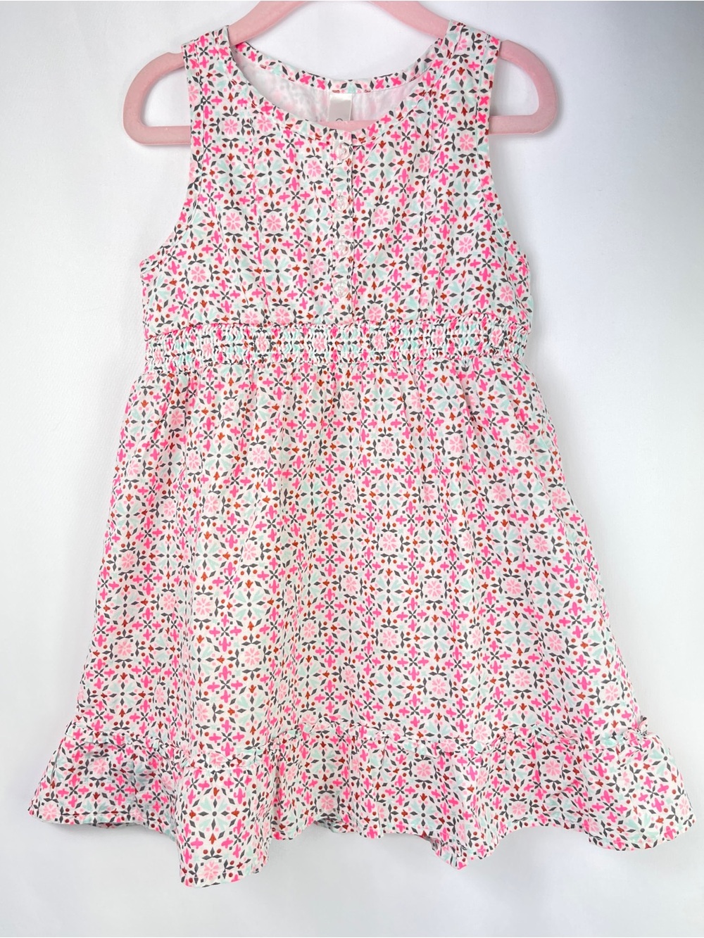 Cherokee Kids Geometric Floral Smocked Sun Dress Pink Turquoise Ruffle Girl 6/6X